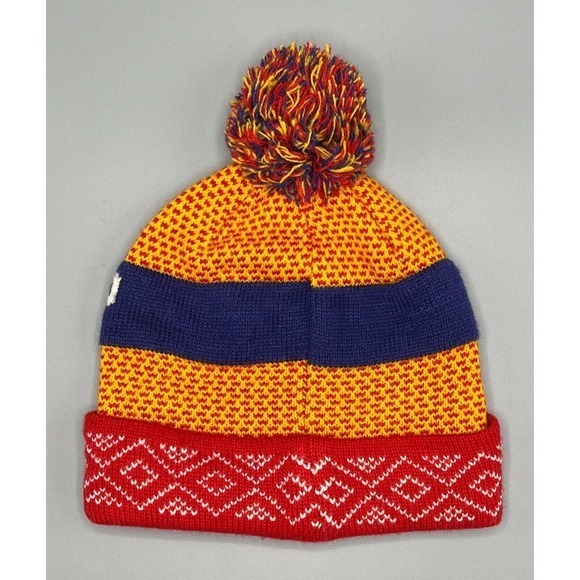 REI CO-OP Youth 7-14Y Kids Winter Beanie Retro Hat Pom‎ Red Orange Navy - Picture 2 of 6